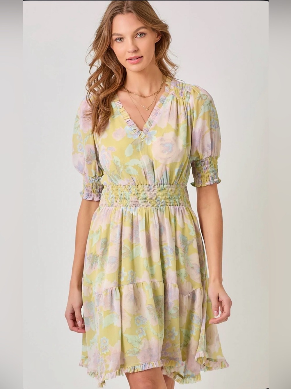 NWT Mystree Farrah Dress Ruffle Watercolor Pastel Floral Smocked Waist V-Neck  M